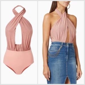 NWT ELISABETTA FRANCHI Laminated Jersey Crossover Bodysuit in Pink Sz 8 US 44 IT
